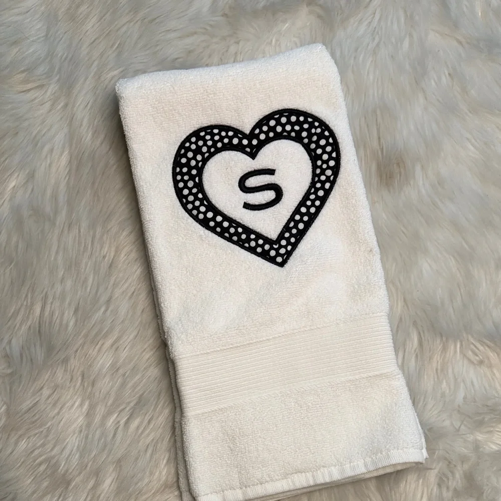 Pottery Barn White and Black Heart Hand Towels S monogram
